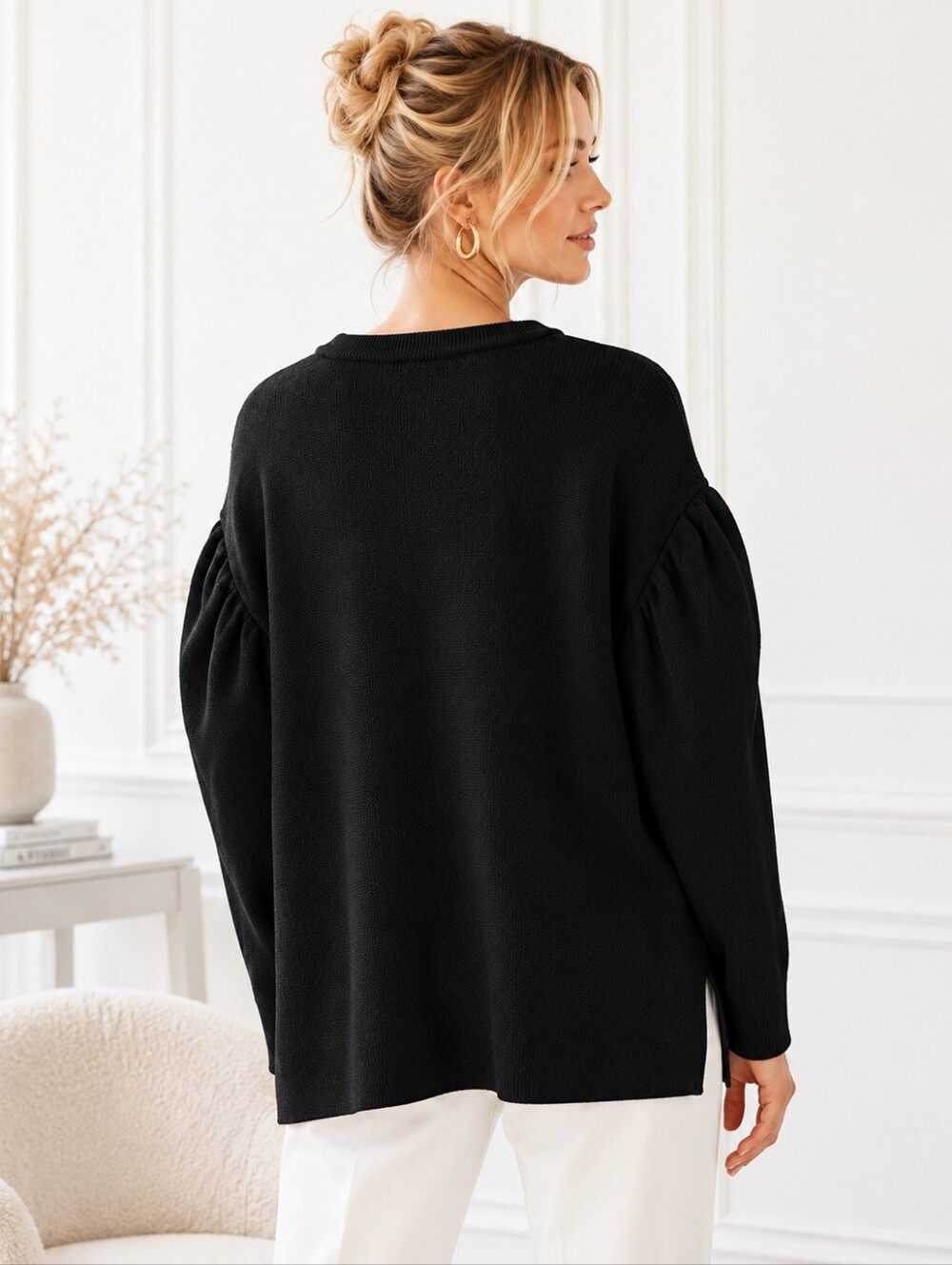 Simply Vera Vera Wang Black Embellished Puff Sleeve Sweater Medium Beaded Knit T - Picture 2 of 9